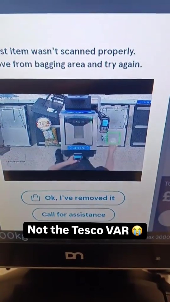 Screenshot of a Tesco self-checkout screen showing a VAR-style replay of an item not being scanned.
