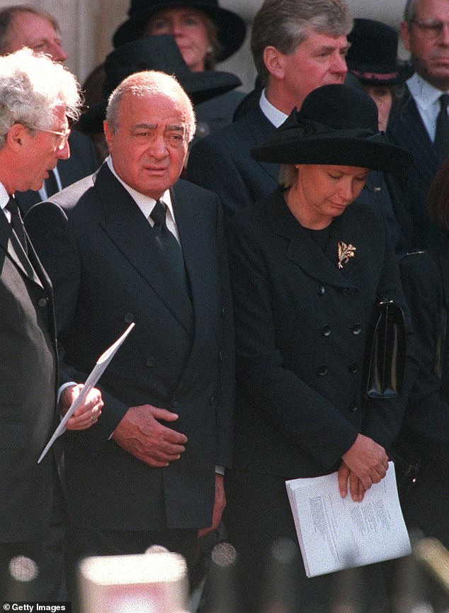 Mohamed Al Fayed and his wife Heini Wathen are pictured leaving Westminster Abbey after the funeral service for Diana