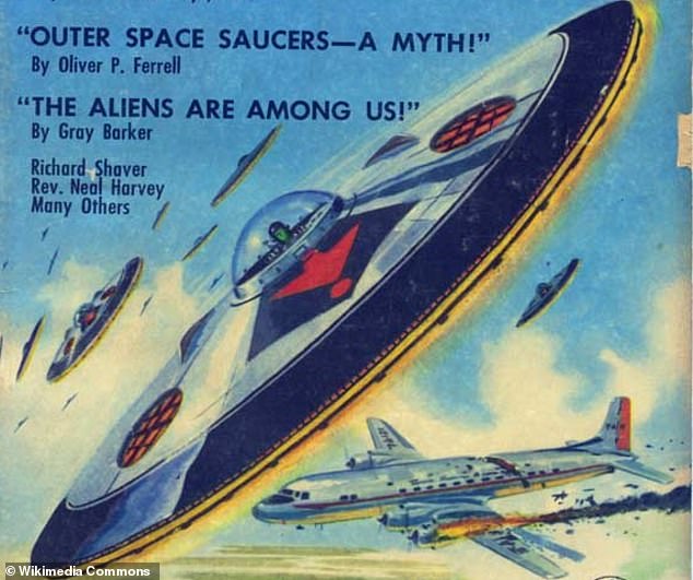 The object seems to have a sliverish line going around the rim, which corresponds with traditional depictions of UFOs. Pictured, cover of the pulp science fiction magazine Amazing Stories from October 1957, featuring a UFO with lights around the rim