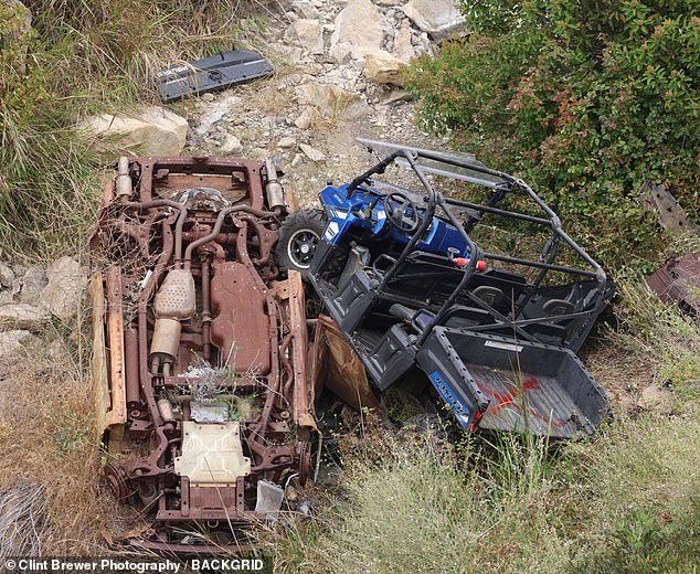Hutchins was killed after her ATV (the blue vehicle on the right) ran off a road near Jenner's Malibu home and fell into a deep ravine. She was pronounced dead at the scene; pictured on July 4