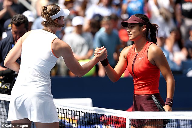 Raducanu went down 6-1, 6-2 to Elena Rybakina as fashion magnate Anna Wintour watched on from the stands