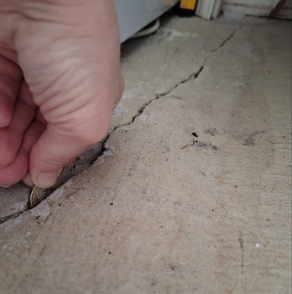 A coin is dropped into a large crack in a concrete floor.