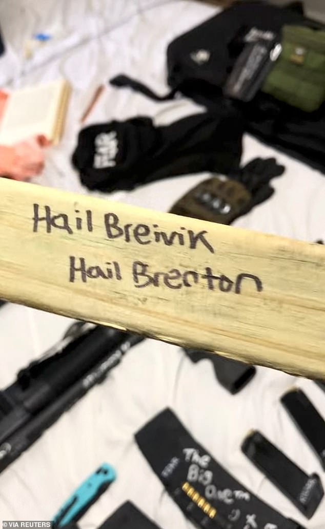 Another still from Westman's TikTok post showing a piece of wood engraved with neo-Nazi terrorist Anders Behring Breivik, who killed 77 people in the 2011 Norwegian terror attacks, and New Zealand Christchurch mosque shooter Brenton Tarrant