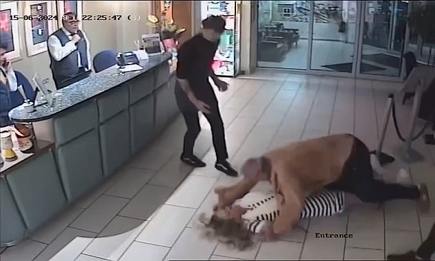 The attack saw the over-refreshed mother of two (pictured in CCTV footage) from Salisbury, Wiltshire, jump on to his lap and slur: 'I want to sit on your big bamboo'