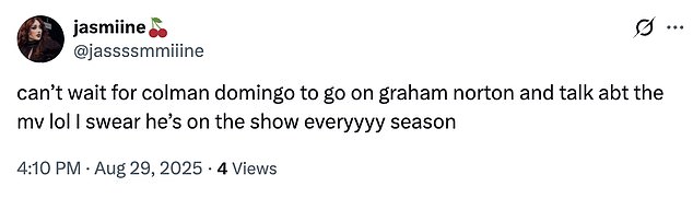 'Can't wait for Colman Domingo to go on Graham Norton and talk about the music video lol I swear he's on the show every season,' one social media user posted