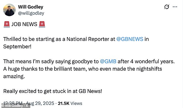 Taking to X, formerly Twitter, Will shared the news with followers, writing: 'JOB NEWS. Thrilled to be starting as a National Reporter at @GBNEWS in September!