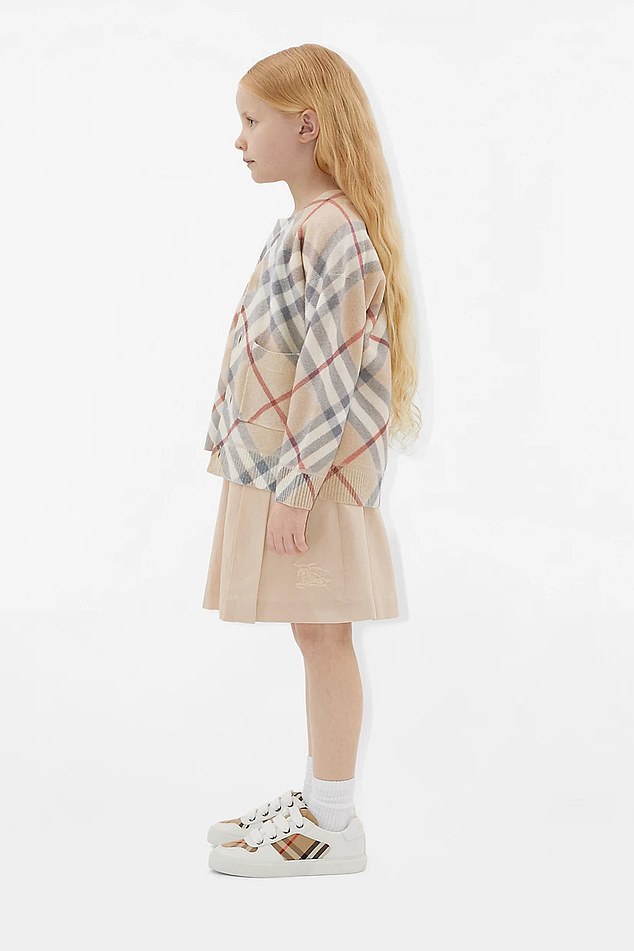 In the luxury British brand's new range for stylish children (pictured), a full ensemble – which includes a hat, coat, polo shirt, trousers, socks, trainers, backpack and the pencil case – is £2,700