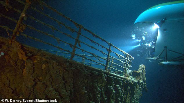 'Ghosts of the Abyss' - a MIR submersible observing the bow of the Titanic wreck in a 2003 film