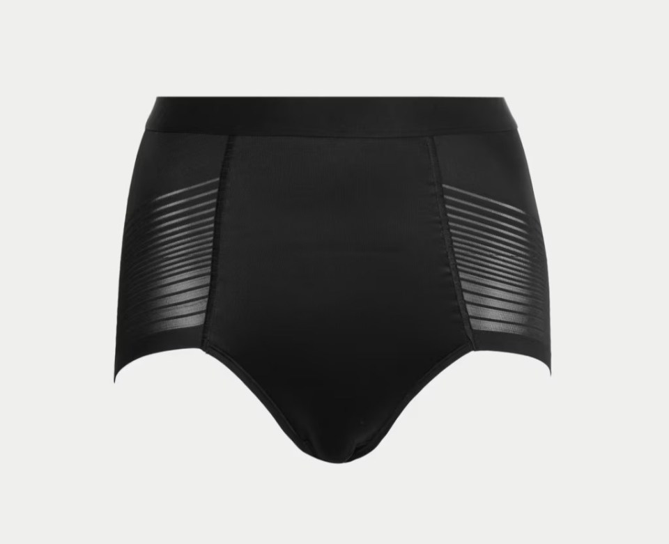 Black firm control briefs with sheer mesh panels.