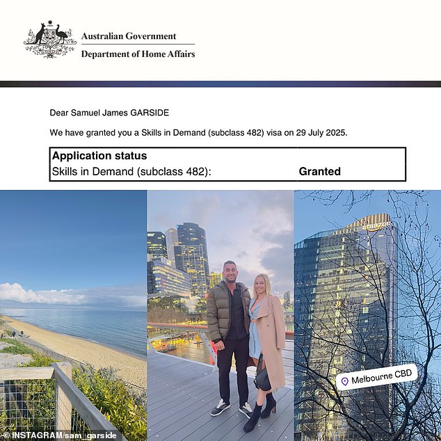 The Daily Mail understands that Mrs Garside had been planning on relocating to Melbourne, Australia, with her husband and was looking forward to the 'new chapter' (Pictured: Mr Garside's successful visa application)