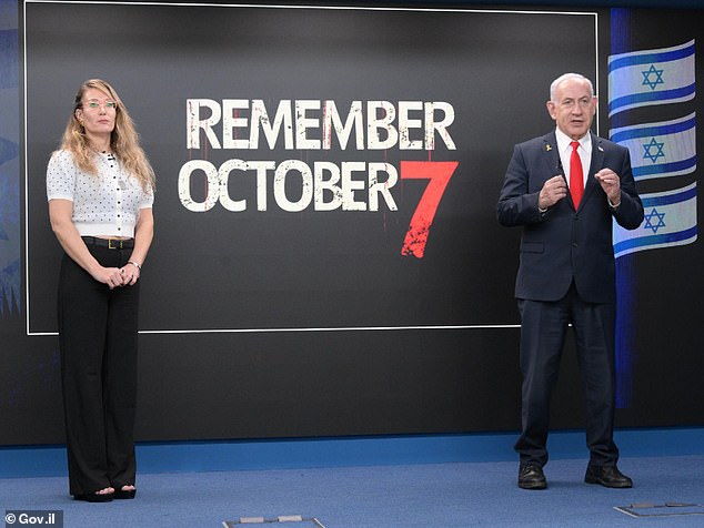 The harrowing video was publicized by Israeli Prime Minister Benjamin Netanyahu (right) and Sabine Taasa (left) on the same day the IDF launched the Gaza City offensive