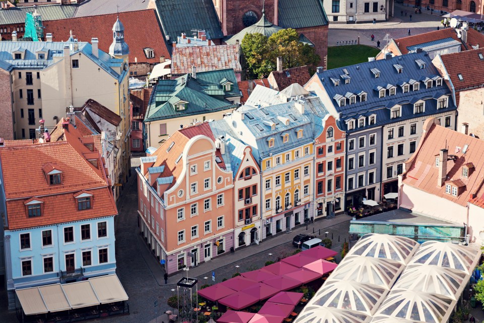 Aerial view of Riga's Old Town architecture.