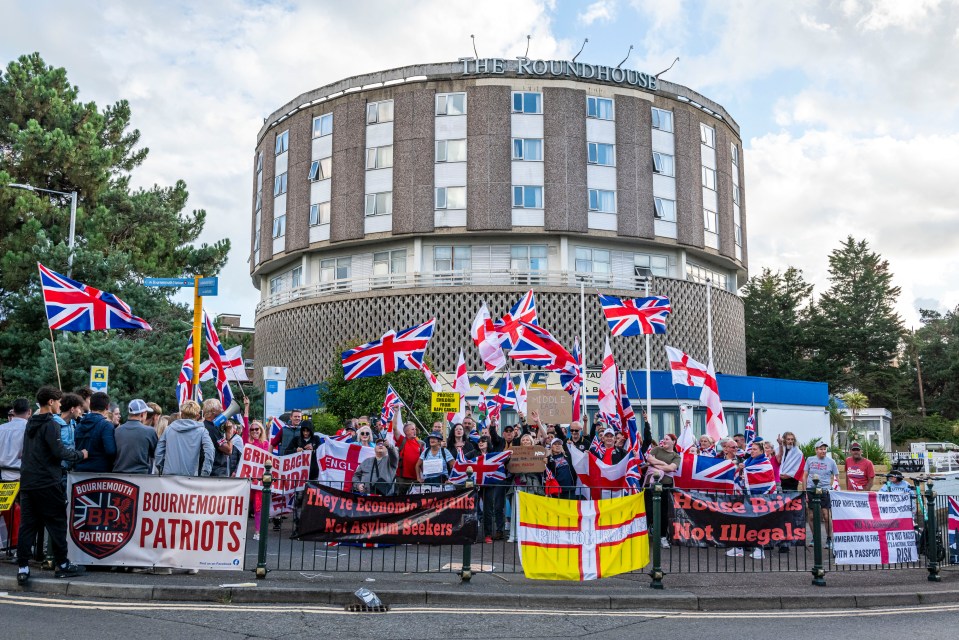 Protest outside The Roundhouse hotel in Bournemouth against asylum seekers.