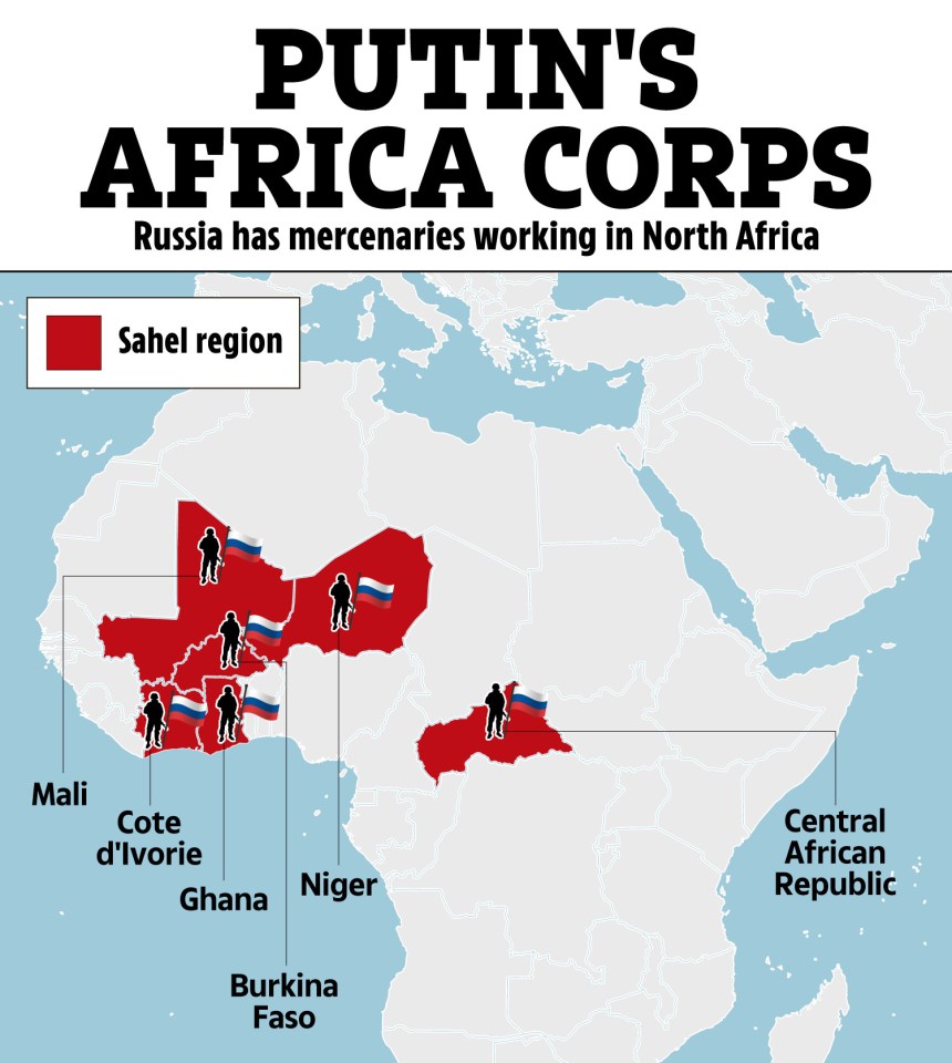 Map illustrating Putin's Africa Corps and the locations of Russian mercenaries in North Africa.