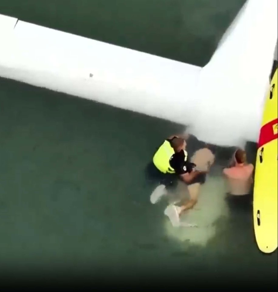 Pilot rescued from submerged plane wreckage.
