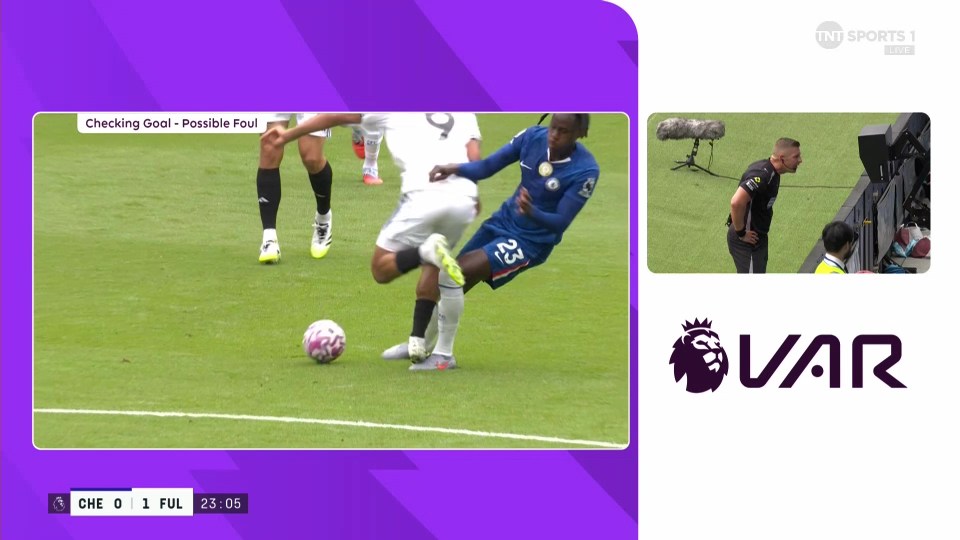 VAR review of a possible foul during a soccer game.