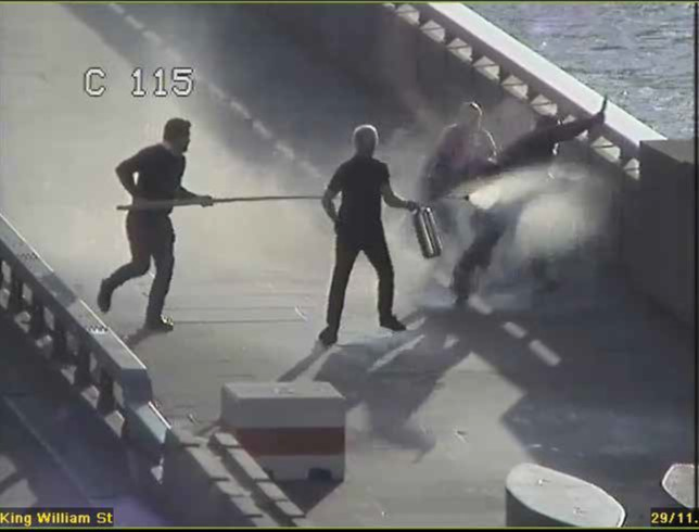 Security camera footage of Usman Khan being confronted on London Bridge.