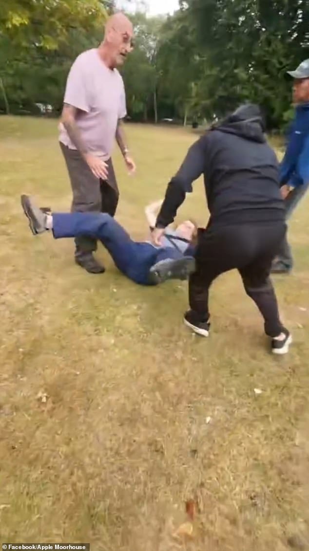 The attack eventually ended after the older lady fell to the floor, and a passerby later intervened