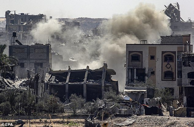 Smoke rises following an Israeli airstrike during a military operation in the east of Al Sheikh Redwan neighbourhood in Gaza City, 30 August 2025
