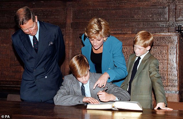 Charles, Diana and Harry watch as Prince William signs the Entrance Book at Eton College in 1995