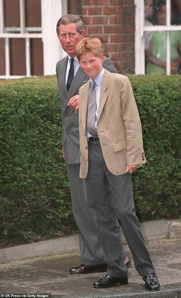 Just over a year after the first anniversary of his mother's death, Harry arrives for his first day at Eton with his father Prince Charles