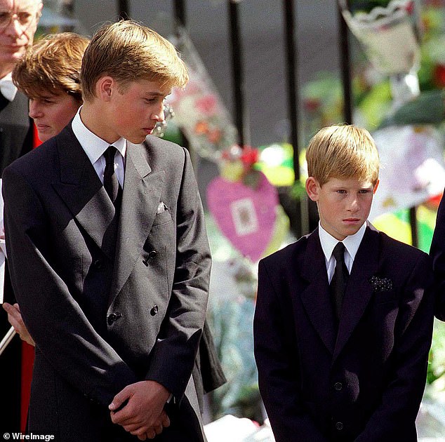 William and Harry pictured at Westminster Abbey for the funeral of Princess Diana on September 6, 1997
