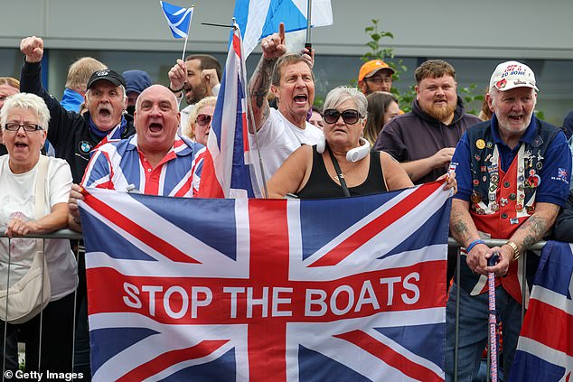 Anti-migrant protesters demonstrate outside the Cladhan Hotel on August 30 in Falkirk, Scotland