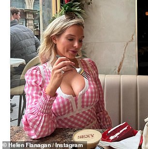Amid her child free trip Helen took to her main grid with eye-popping snaps as she enjoyed a coffee in a daringly plunging pink plaid mini dress