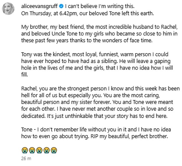 In a tragic update on Saturday, Alice announced that her brother had passed away days before as she shared a heartbreaking statement