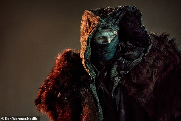 Elordi spends much of the film naked aside from a pair of hotpants made from yellow bandages. Pictured: Elordi as Frankenstein's monster in a rare covered-up moment