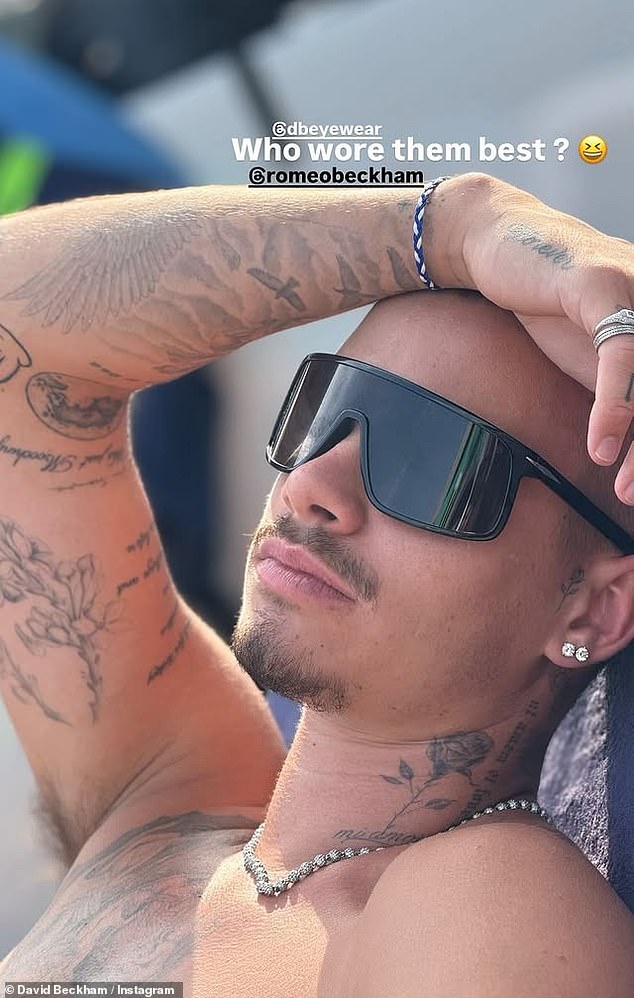 David, 50, took to his Instagram Stories to share a snap of Romeo, 22, rocking his signature buzz cut and a pair of black shades from his luxury eyewear brand, cheekily captioning the shot: 'Who wore them best?'