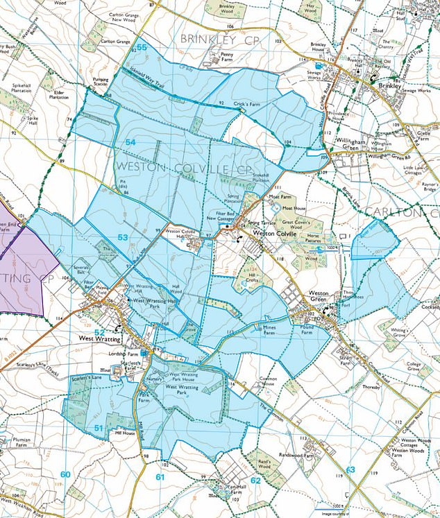 An ordnance survey map submitted with Kingsway¿s plans shows the idyllic fields shaded in blue to signify where swathes of solar panels will be constructed