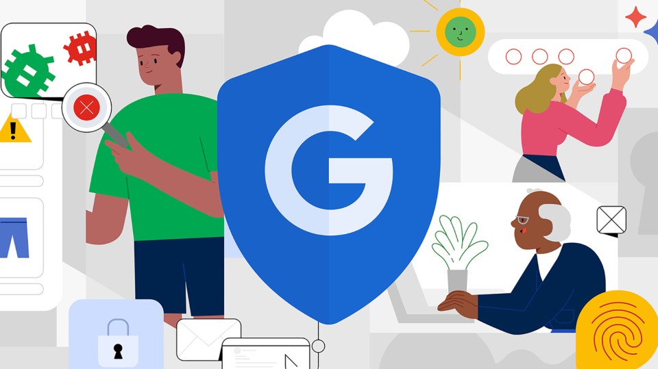 Illustration of Google security features protecting users online.