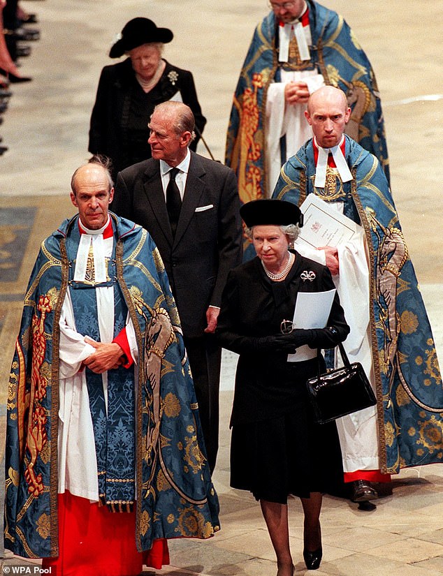 Queen Elizabeth II, the Duke of Edinburgh and the Queen Mother arrive into Westminster Abbey in London to attend the funeral ceremony of Diana