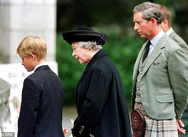 Prince Harry, the Queen and Prince Charles are pictured viewing floral tributes for Diana on September 4, 1997