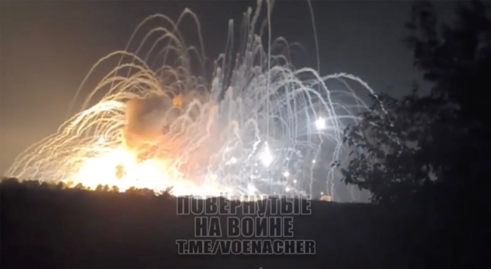 Aerial view of explosions in Pavlohrad, Ukraine.