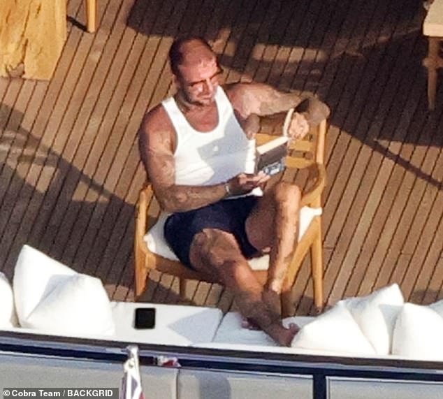 Lounging side by side in the scenic Mediterranean, David seemed preoccupied by his choice of summer reading, which was The Crash, a psychological thriller by Frieda McFadden