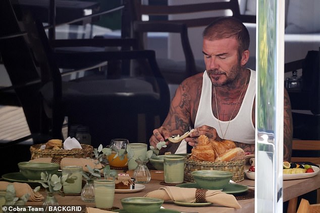 David was later seen tucking into a lavish breakfast complete with a fruit plate and a basket of pastries