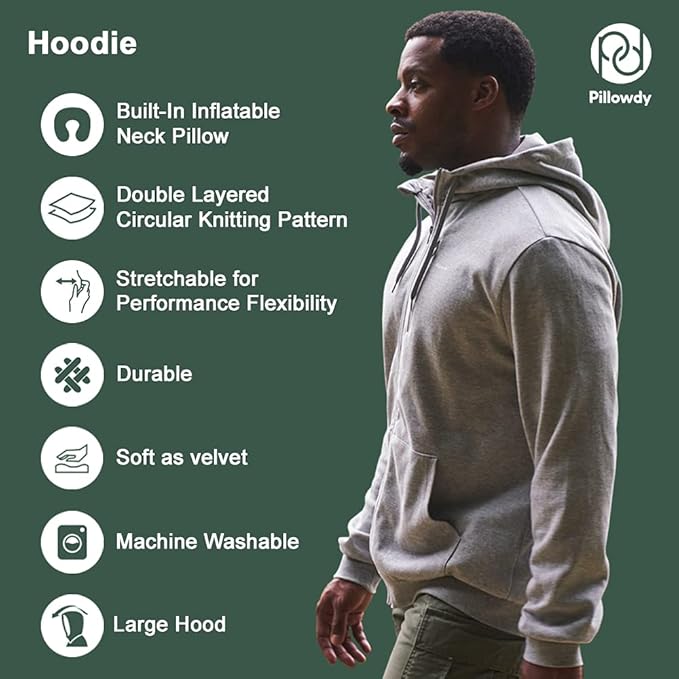 Illustration of a hoodie with built-in inflatable neck pillow, highlighting its features.
