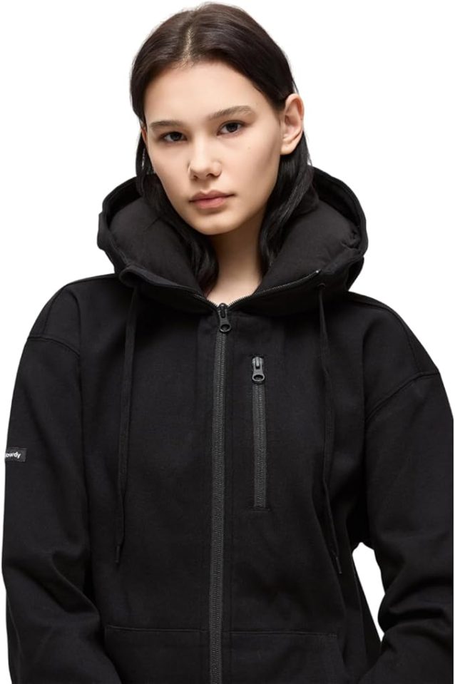 Black zip-up hoodie with built-in travel pillow.
