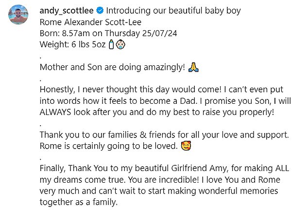 He wrote: 'Mother and son are doing amazingly. Honestly, I never thought this day would come! I can't even put into words how it feels to become a Dad.'