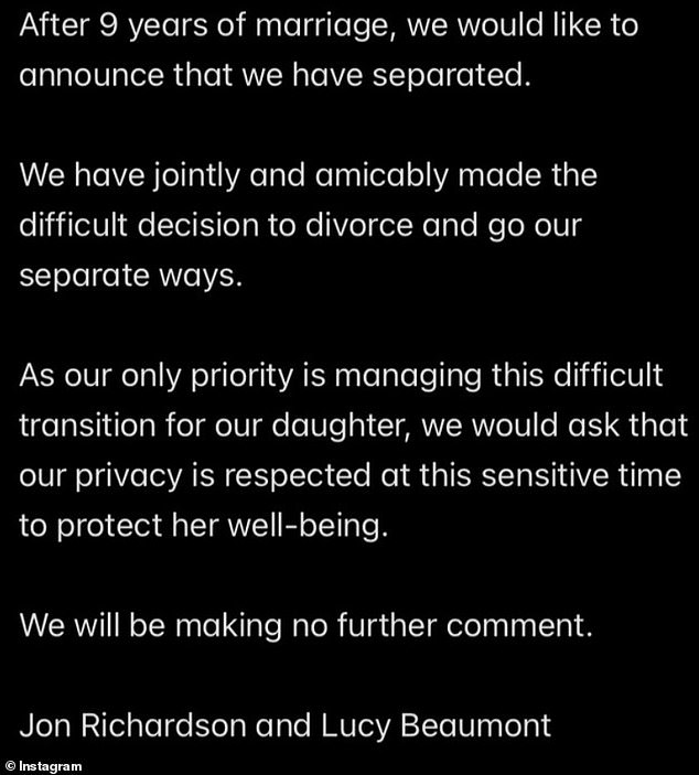But Lucy and Jon announced their decision to divorce in April last year after nine years of marriage, in a move that surprised their army of fans