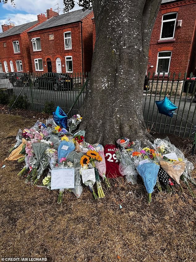 Floral tributes and balloons have been placed at a nearby tree in memory of the tragic boy