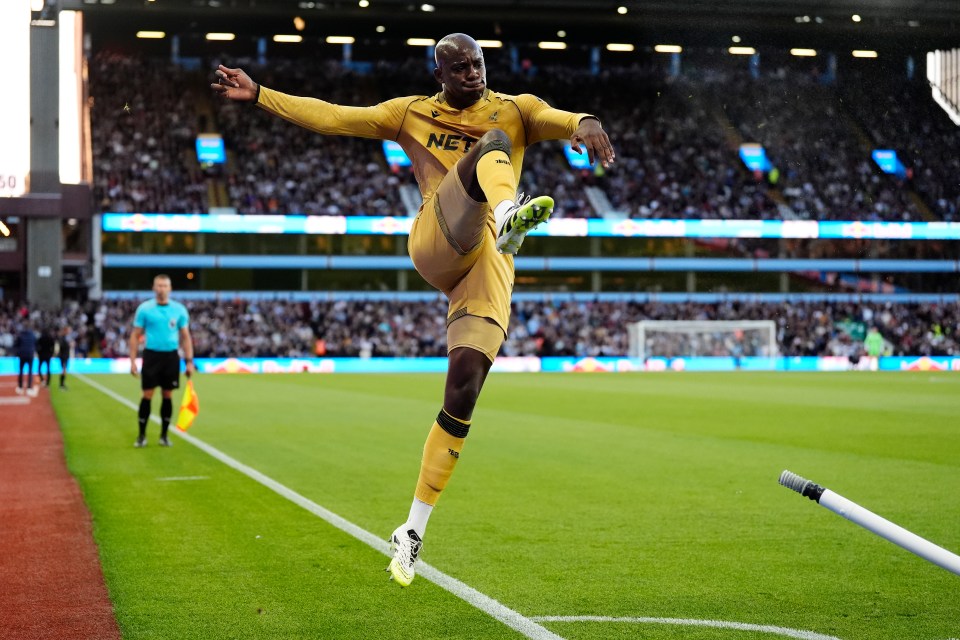 Jean-Philippe Mateta kicking the corner flag after scoring a goal.