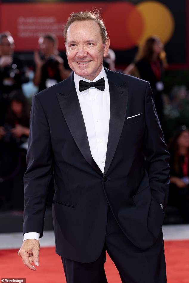 Meanwhile Kevin Spacey, 66, cut a dapper figure in a black tuxedo as he beamed for photos on the red carpet
