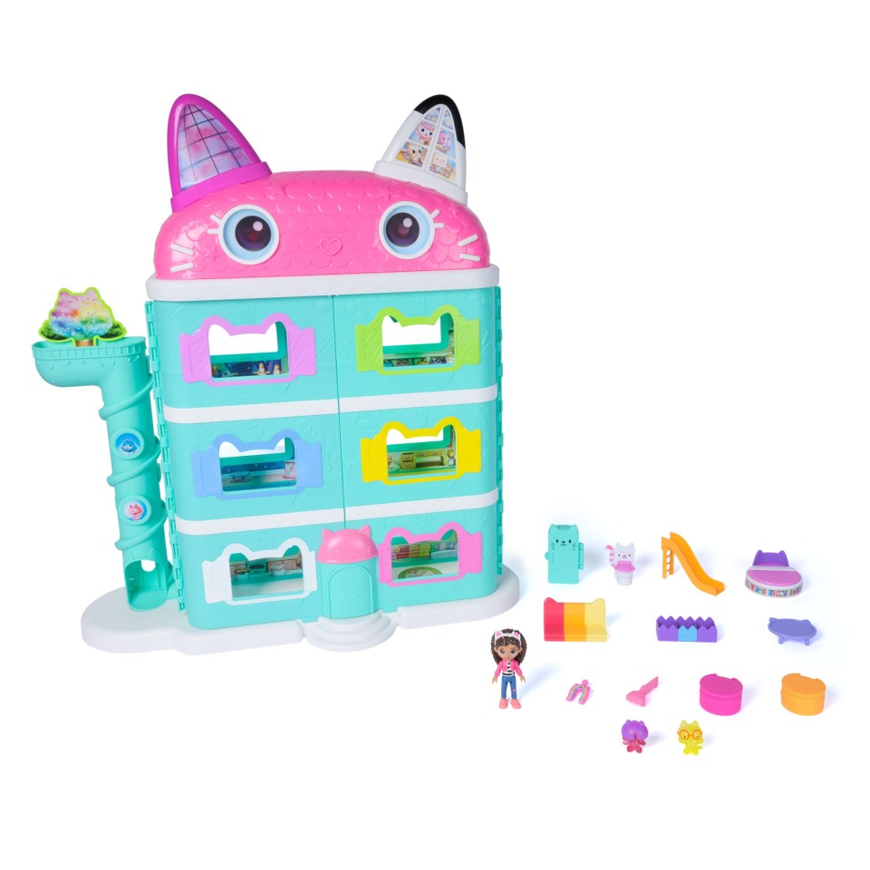 Toy cat-shaped house playset with accessories and figures.