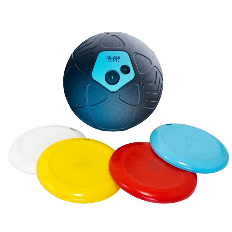 Soccer Dash ball and four colored discs.