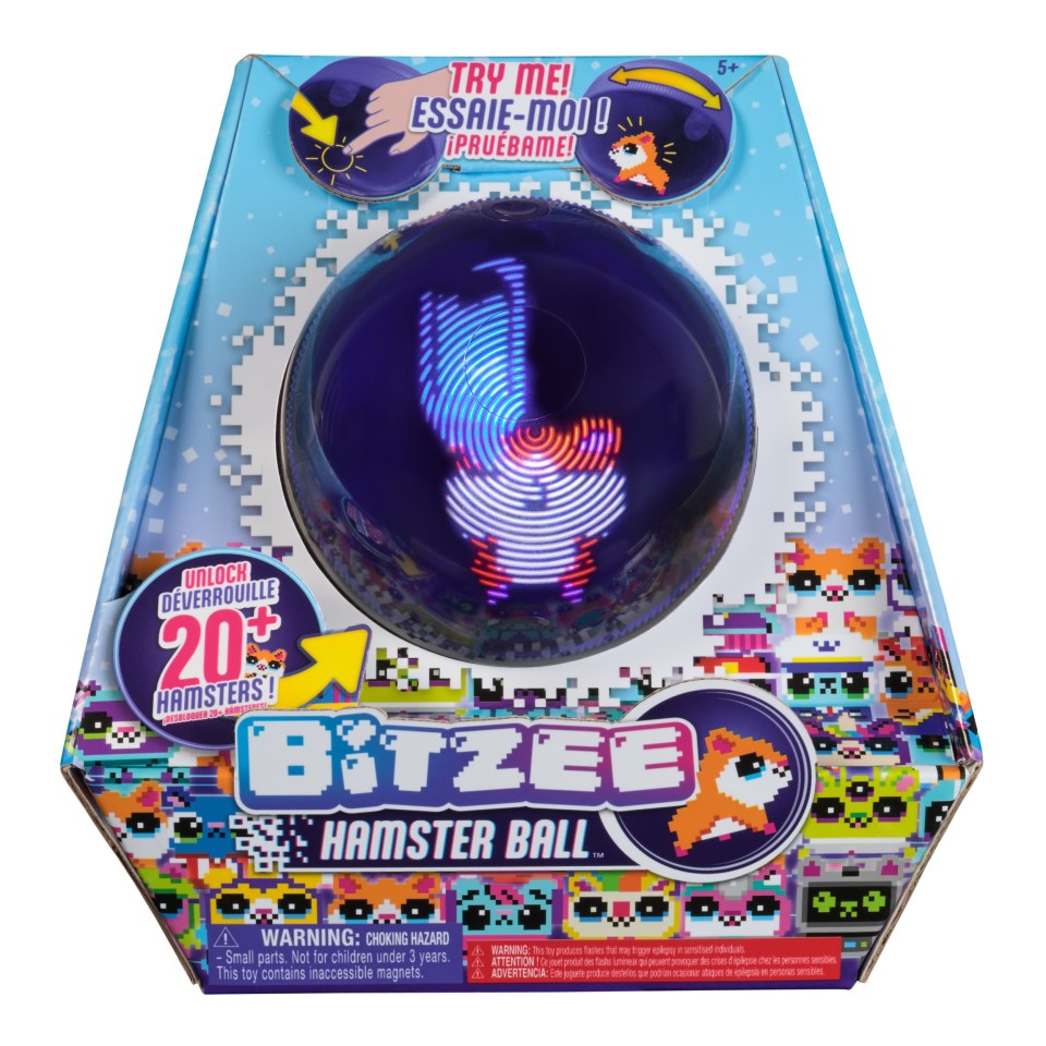 Bitzee Hamster Ball packaging showing a purple light-up hamster ball and 20+ pixelated hamsters.