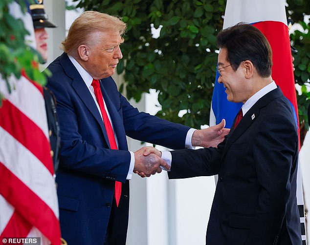 Trump was photographed with South Korean President Lee Jae Myung at the White House recently with the visible mark on his hand