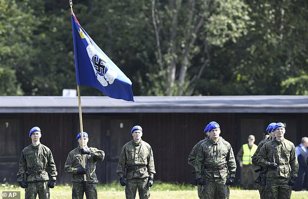 The nation adopted the insignia as the emblem of its airborne military when it was founded in 1918. Pictured: An air force flag in 2019